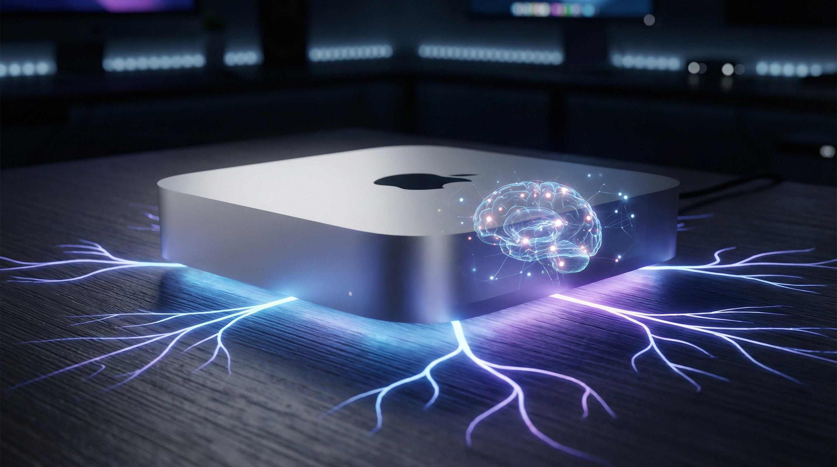 Mac mini glowing with AI neural patterns